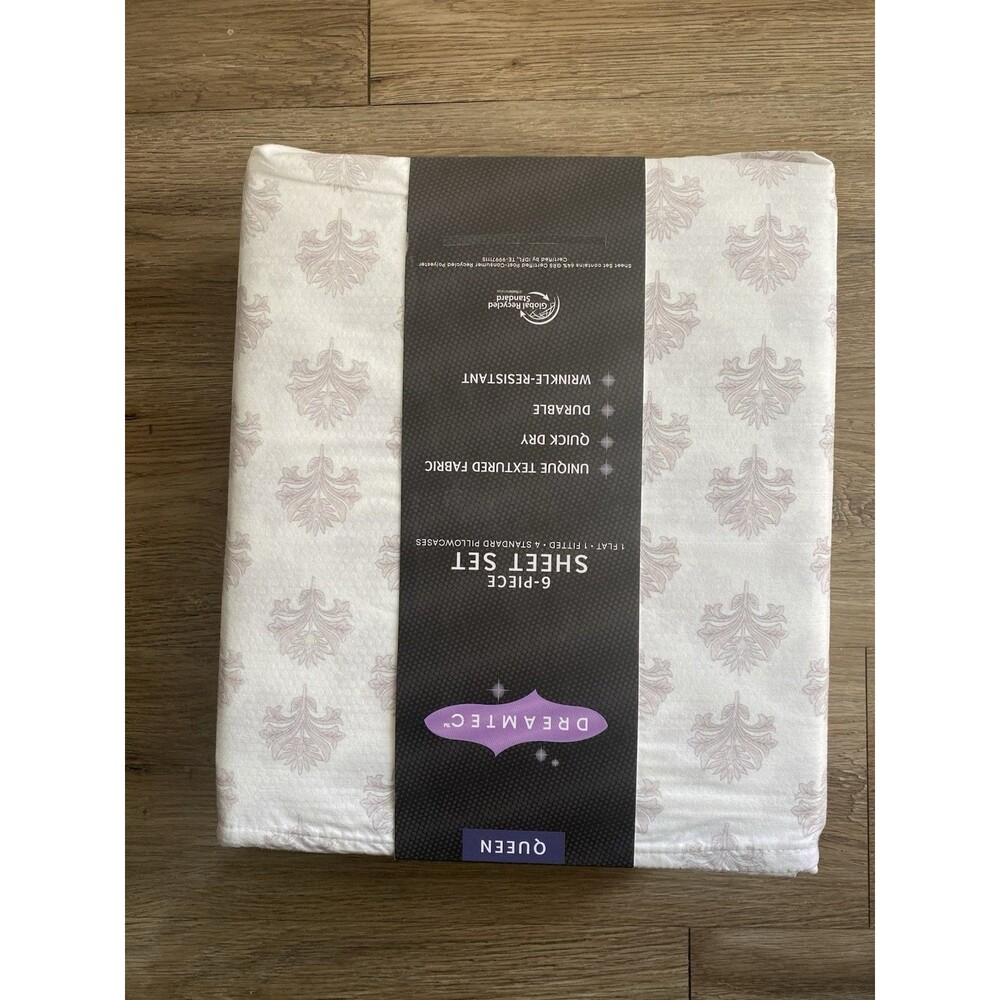 Dreamtec Polyester Damask Sheet Set Sz Queen White/Pink Quick Dry Wrinkle-Res